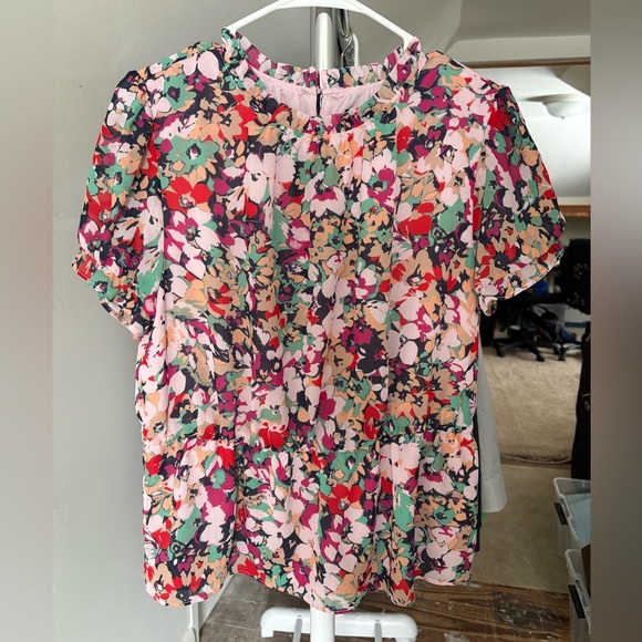 J. Crew Tops - J.Crew Floral Peplum Blouse Size M • Pink Multicolor Ruffle Neck Lined Top